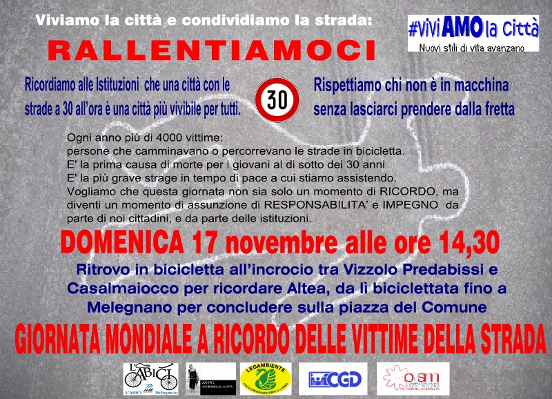 DOMENICA 17 NOVEMBRE: MANIFESTAZIONE IN BICICLETTA PER LE VITTIME DELLA STRADA